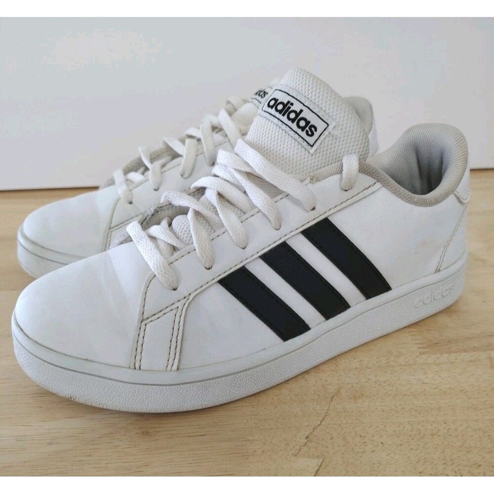 Adidas Shoes Kids Size 3 White Sneaker Grand Court Lace-Up Black Stripes Comfort